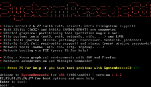 SystemRescueCD - úvodní obrazovka